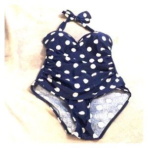 One piece navy blue with white polka dot swimsuit
